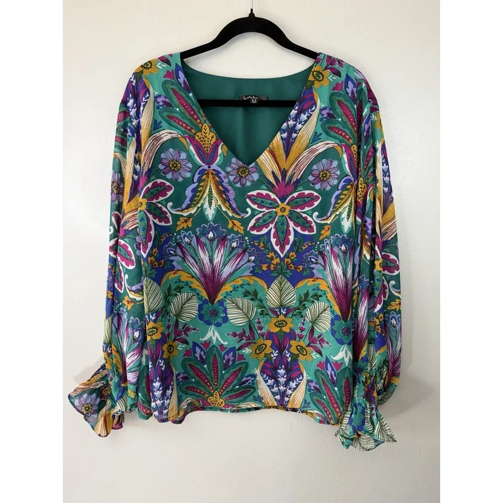 Nicole Miller Plus Size Emerald Bold Floral V Neck Size 3X - Picture 1 of 6